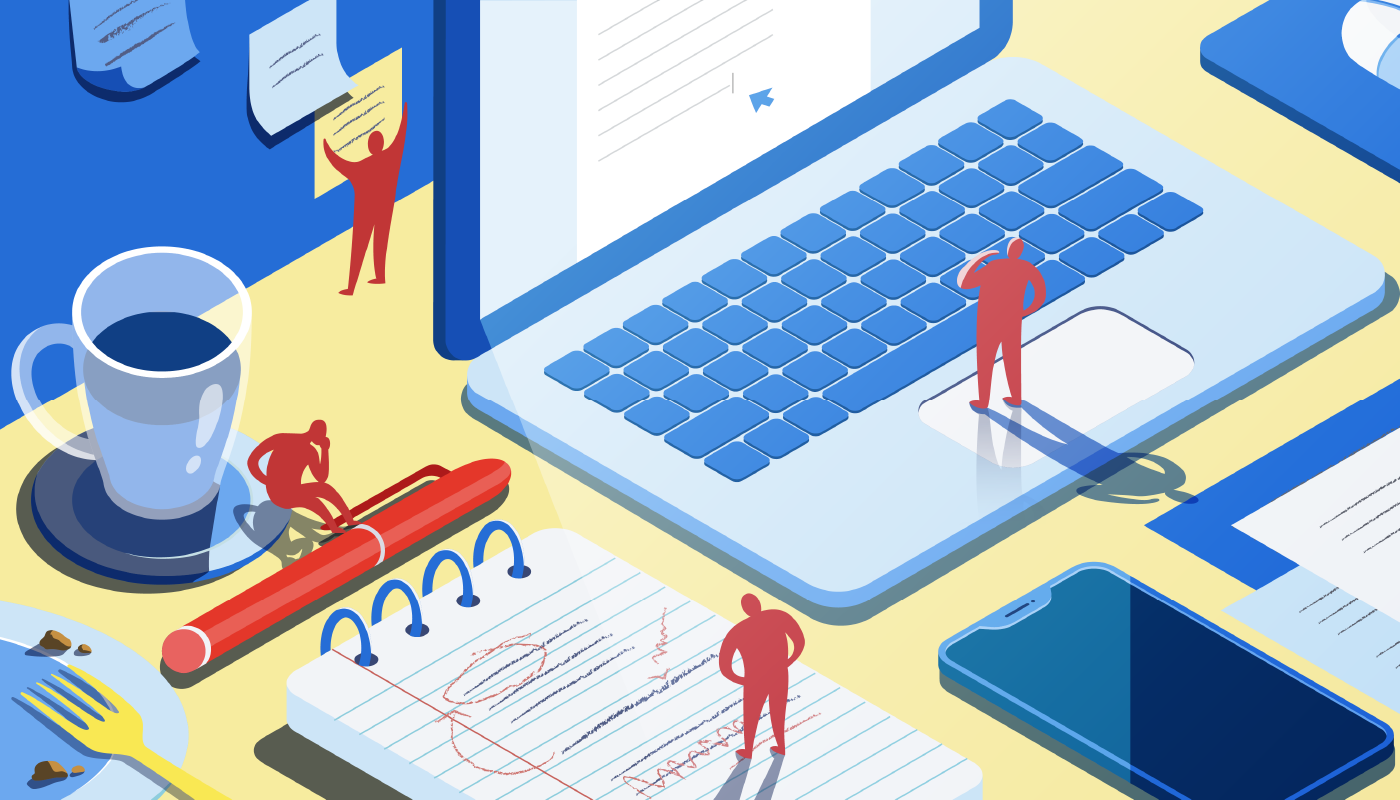 illustration of gentleman standing on laptop